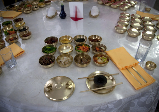 Traditional meal for tourists in a Korean restaurant, North Hwanghae Province, Kaesong, North Korea
