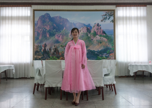 North Korean waitress in choson-ot in a restaurant, North Hwanghae Province, Kaesong, North Korea