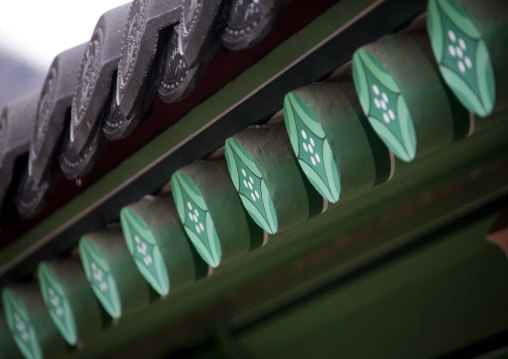 Low angle view of the painted roof in Ryongthong temple founded by Korean chonthae sect of buddhism, Ogwansan, Ryongthong Valley, North Korea