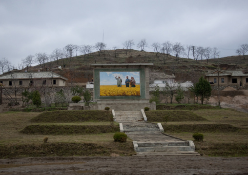 Propaganda fresco depicting the Dear Leaders in a field, North Hwanghae Province, Kaesong, North Korea