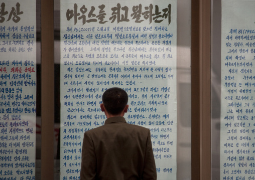 North Korean man reading a propaganda billboard, Pyongan Province, Pyongyang, North Korea