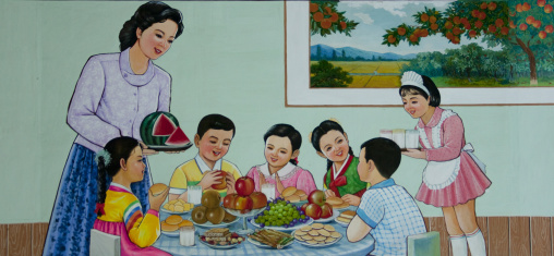 Propaganda poster depicting North Korean children having a meal in a canteen school, Pyongan Province, Pyongyang, North Korea