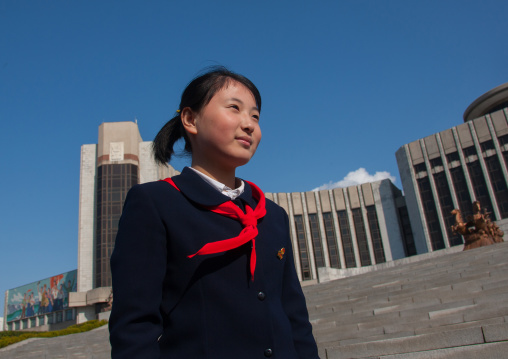 North Korean pioneer girl in Mangyongdae children's palace, Pyongan Province, Pyongyang, North Korea