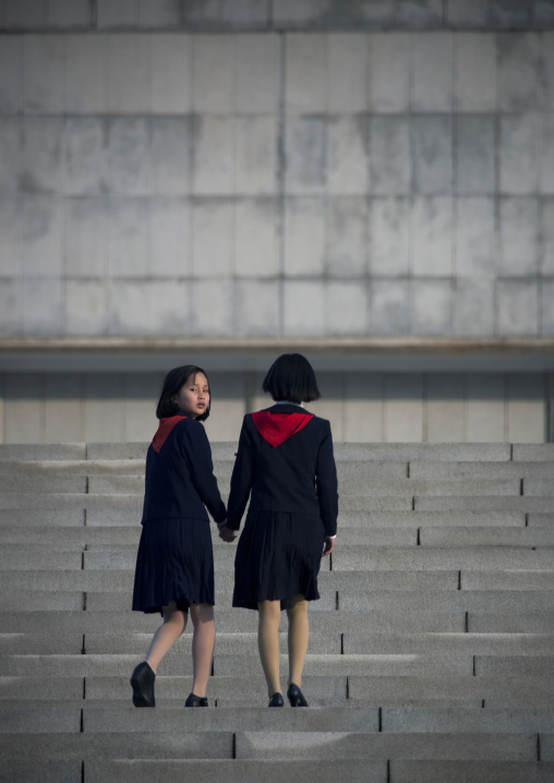 North Korean pioneer girls in the street, Pyongan Province, Pyongyang, North Korea