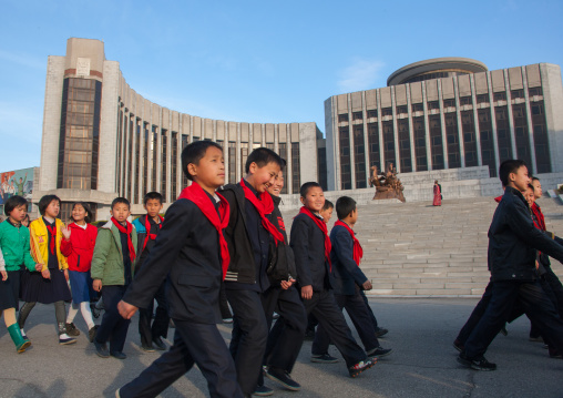 North Korean pioneer boys in front of Mangyongdae children's palace, Pyongan Province, Pyongyang, North Korea