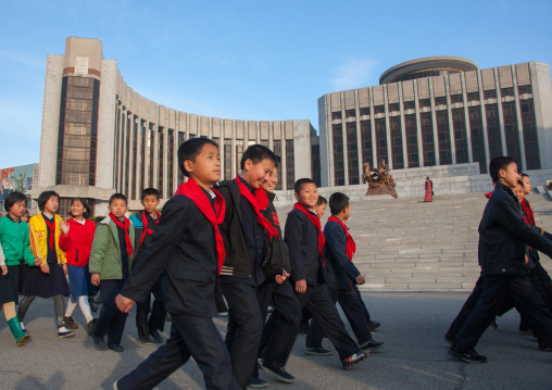 North Korean pioneer boys in front of Mangyongdae children's palace, Pyongan Province, Pyongyang, North Korea
