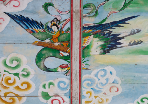 Colorful painting of a woman flying on a giant bird in the Pohyon-sa Korean buddhist temple, Hyangsan county, Mount Myohyang, North Korea