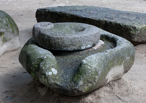 Old mill stone in Pohyon-sa Korean buddhist temple, Hyangsan county, Mount Myohyang, North Korea