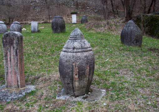 Funerary jars and steles for the monks in Pohyon temple, Hyangsan county, Mount Myohyang, North Korea