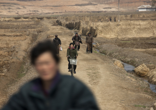 North Korean people cycling between the fields, Pyongan Province, Pyongyang, North Korea
