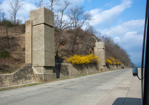Anti tank invasion concrete blocks on roadside, Pyongan Province, Pyongyang, North Korea