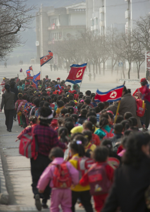 North Korean children parading in the streets on the international workers' day, Kangwon Province, Wonsan, North Korea