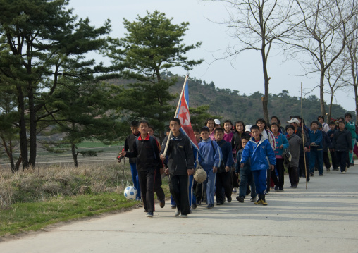 North Korean children parading in the streets on the international workers' day, Kangwon Province, Wonsan, North Korea