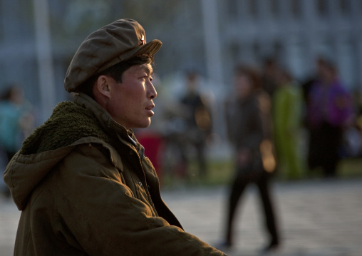 North Korean man with a red star cap, Kangwon Province, Wonsan, North Korea