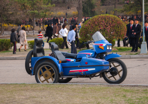 Blue sidecar parked in a park, Pyongan Province, Pyongyang, North Korea