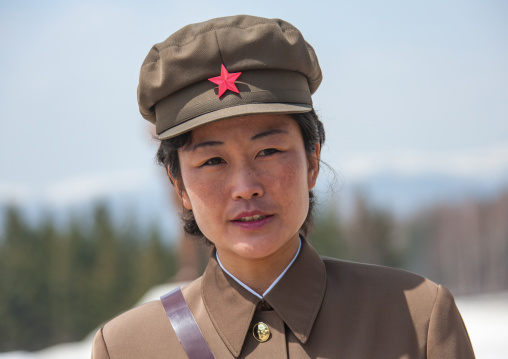 North Korean guide in the Grand monument of lake Samji, Ryanggang Province, Samjiyon, North Korea