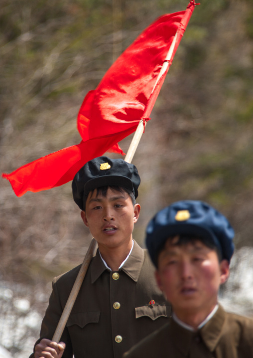 North Korean students walking on the steps of the nation's heroes in the Grand monument of lake Samji, Ryanggang Province, Samjiyon, North Korea