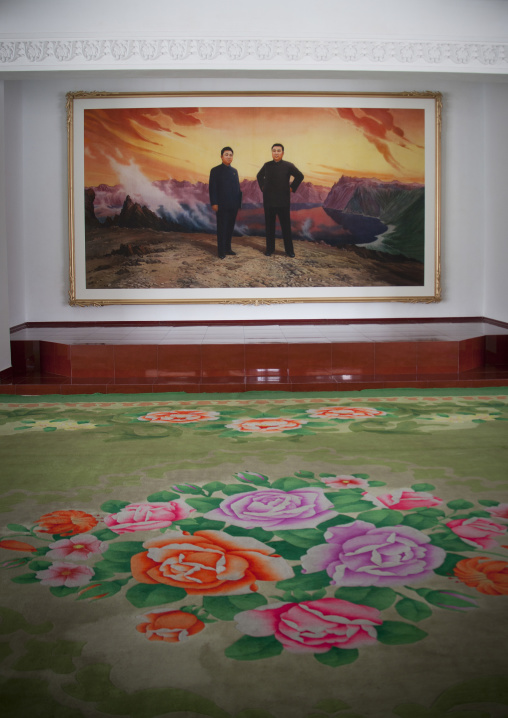 Hotel hallway with a painting of Kim il Sung and Kim Jong il in front of mount Paektu, Ryanggang Province, Samjiyon, North Korea