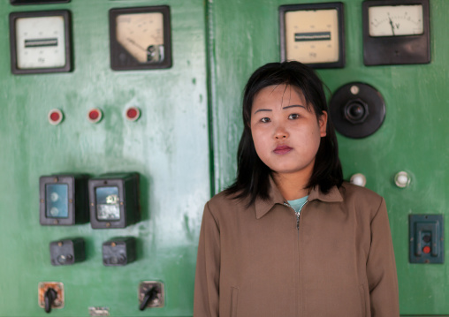 North Korean woman working on rimyonsu dam, Ryanggang Province, Rimyongsu, North Korea