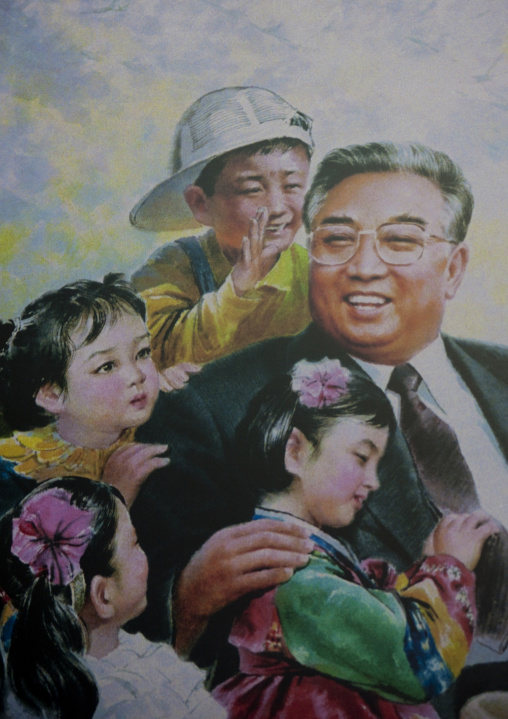Kim il Sung with North Korean children on a propaganda poster, Ryanggang Province, Samjiyon, North Korea