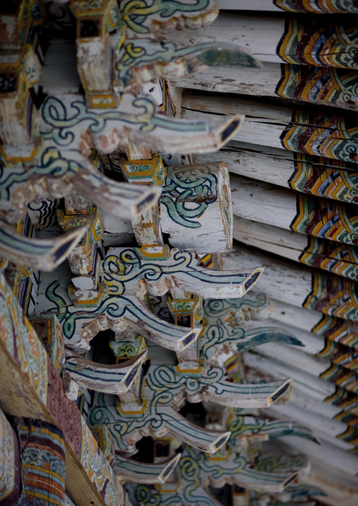 Low angle view of the painted roof in kaesin sa temple, North Hamgyong province, Chilbosan, North Korea