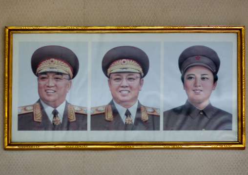 Official portraits of the Dear Leaders and Kim Jong suk in military uniforms, North Hamgyong Province, Jung Pyong Ri, North Korea