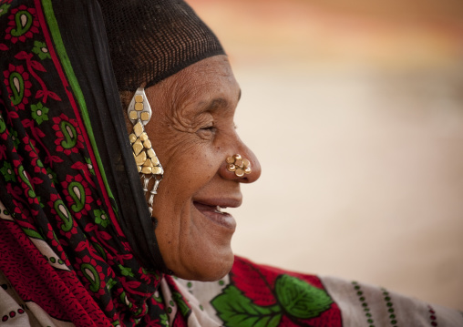 Profile Of Woman With Golden Flower Shaped Nose Percing, Sinaw, Oman