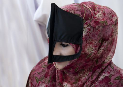 Bedouin Masked Woman In Pink Floral Niqab, Sinaw, Oman