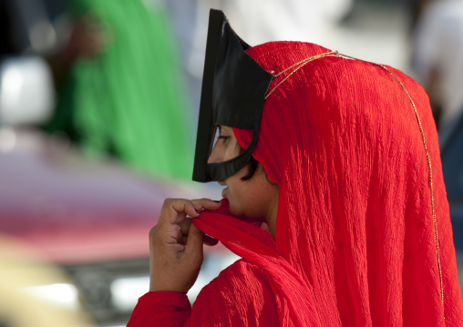 Profile Of Bedouin Woman In Red Niqab, Sinaw, Oman