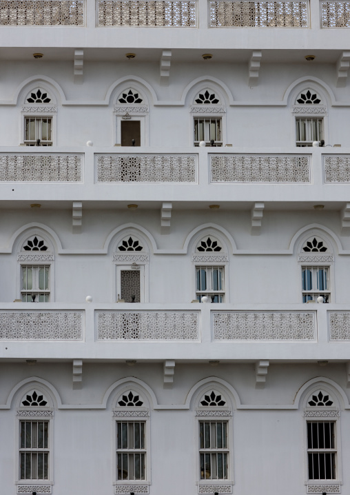 Old Omani White House With Carved Balcons,  Muscat, Oman