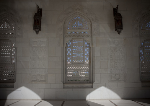 White Hollowed-out Windows Inside The Sultan Qaboos Grand Mosque, Muscat, Oman