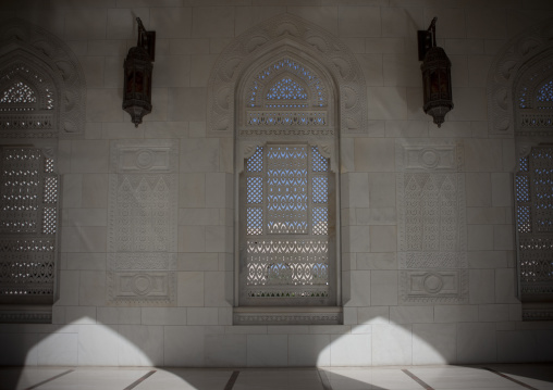 White Hollowed-out Windows Inside The Sultan Qaboos Grand Mosque, Muscat, Oman