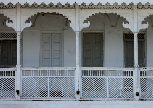 Old Omani White House With Carved Balcons, Muscat, Oman