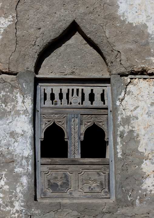 Old Wooden Carved Window On The Wall In Arabic Style, Mirbat, Oman