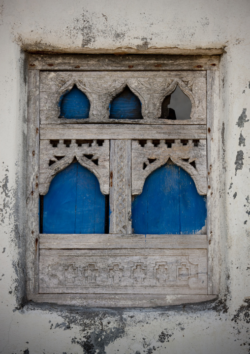 Old Wooden Carved Window In Blue And White, Mirbat, Oman