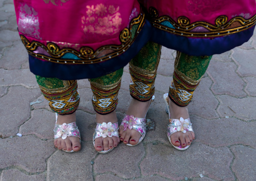 Two Little Girls Showing Their Traditional And Colourful Clothes, Ibra, Oman