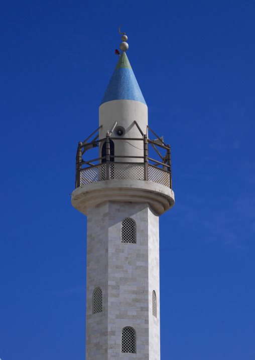 White Minaret With Blue Point In Muscat, Oman