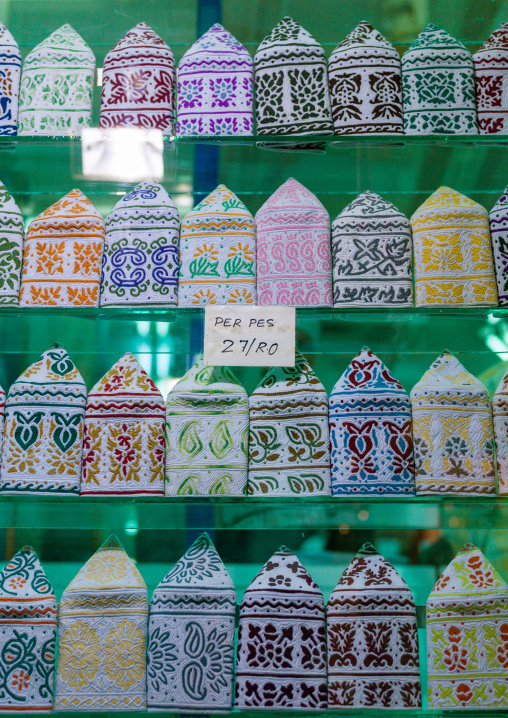 Kummas for sale in a shop, Governorate of Muscat, Muscat, Oman