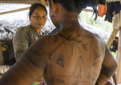 Panama, Darien Province, Bajo Chiquito, Woman Of The Native Indian Embera Tribe Is Ceremonially Decorated With Jagua Bodypaint