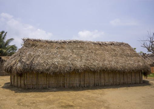 Panama, San Blas Islands, Mamitupu, Typical Kuna Tribe Homes With Thatched Roofs