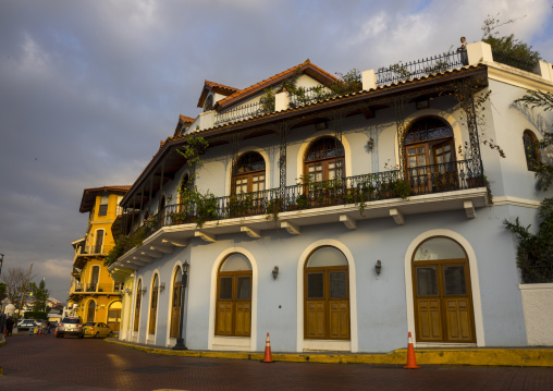 Panama, Province Of Panama, Panama City, Beautiful Spanish Colonial House With Wrought Iron And Plants Of The Old District In Casco Viejo