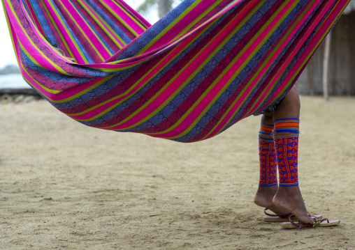 Panama, San Blas Islands, Mamitupu, Traditional Beaded Leg Ornaments Worn By A Kuna Woman Realxing In A Hammock