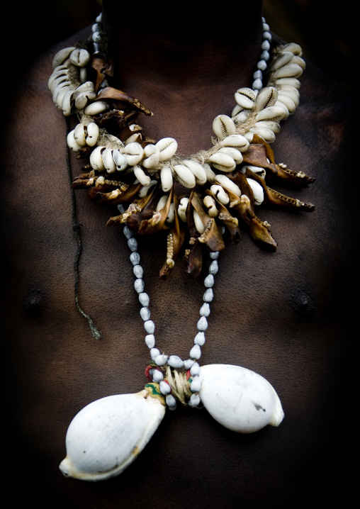 Shell amulets on warrior chest during a sing-sing, Western Highlands Province, Mount Hagen, Papua New Guinea