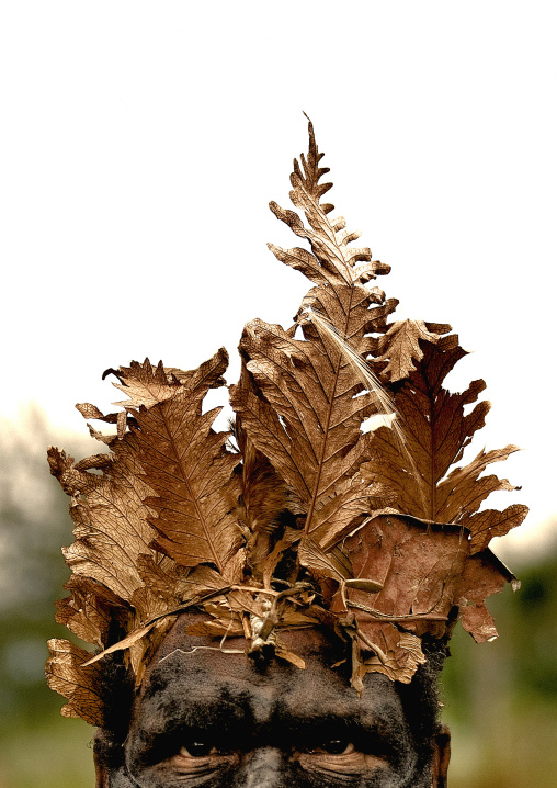 Whagi tribe man with dried leaves headwear during a sing sing, Western Highlands Province, Mount Hagen, Papua New Guinea