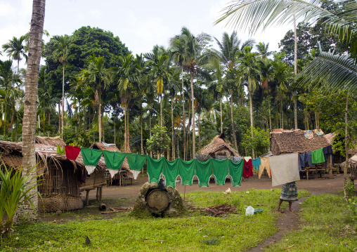 Clothes drying in the sun in a traditional village, Milne Bay Province, Trobriand Island, Papua New Guinea