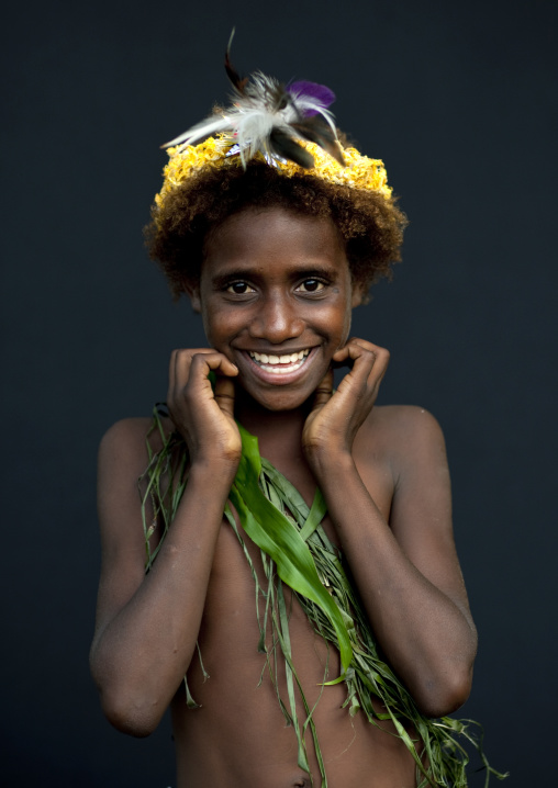 Portrait of a boy during a Malagan tatuana masks dance, New Ireland Province, Langania, Papua New Guinea