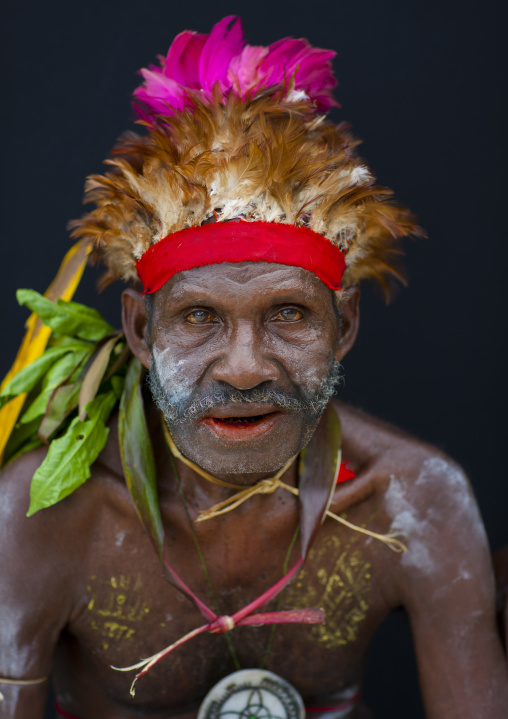 Portrait of a man from Paplieng tribe in traditional clothing, New Ireland Province, Kavieng, Papua New Guinea