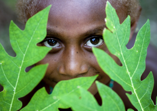 Portrait of a boy hiding behind green leaves, East New Britain Province, Rabaul, Papua New Guinea