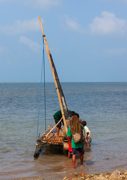Traditional boat on the sea, Milne Bay Province, Trobriand Island, Papua New Guinea