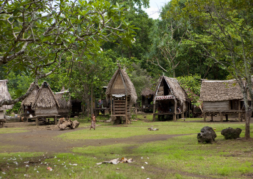 Traditional village with houses and yam houses, Milne Bay Province, Trobriand Island, Papua New Guinea